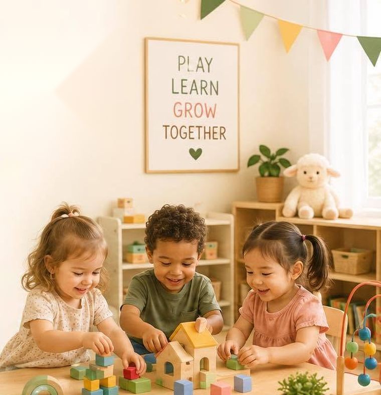 Three toddlers playing together with wooden blocks at a table